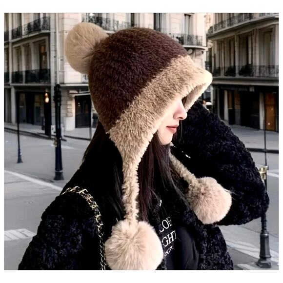Cozy Colorblock Plush Knit Beanie Hat with Ear Flaps Tassel Brown/Beige - Picture 1 of 4